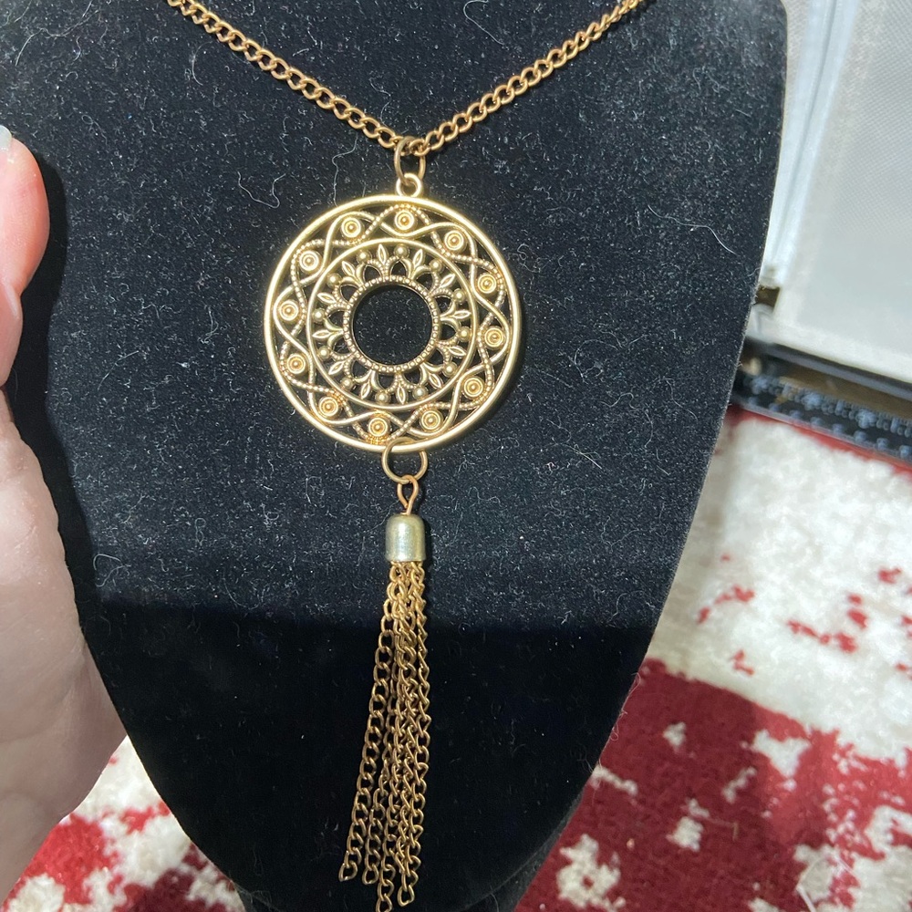 Brass Tone 18 inch Necklace With Geometric Mandala Tassel 5.25 inch pendant